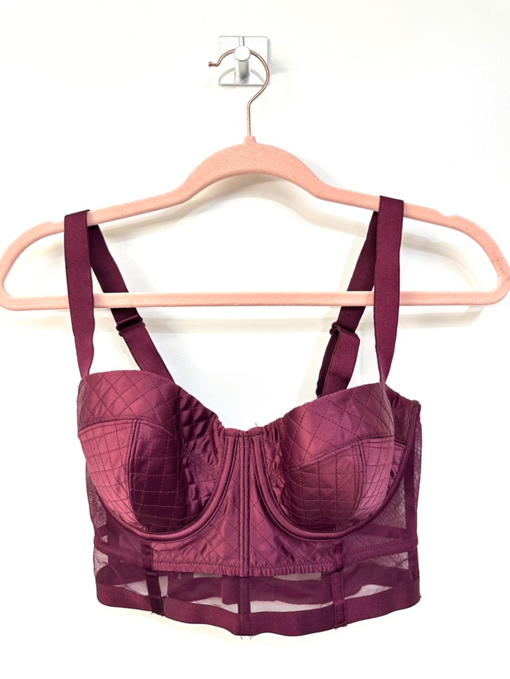 Victoria's Secret Very Sexy Longline Balconette Bra Wine Satin Mesh Corset Style - Picture 2 of 8